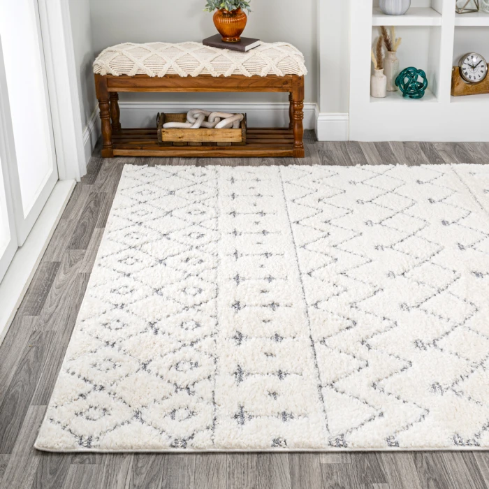 Pia Moroccan Trellis Plush Carved Cream/Gray 3 ft. x 5 ft. Area Rug