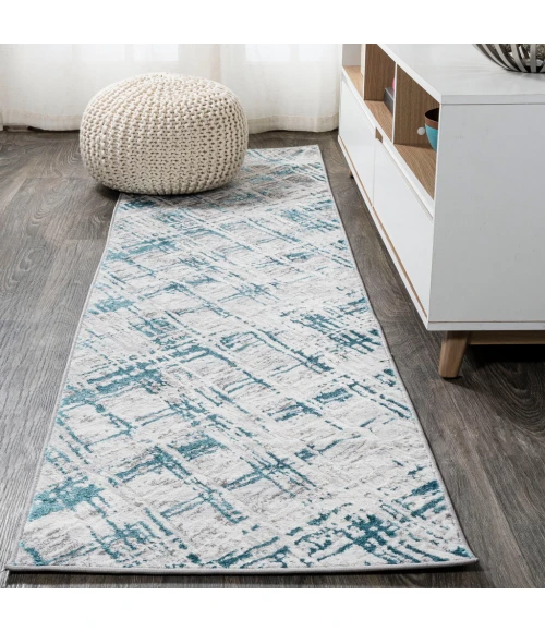 Slant Modern Abstract Gray/Turquoise 2 ft. x 8 ft. Runner Rug