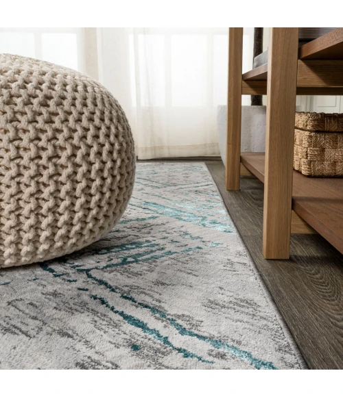 Slant Modern Abstract Gray/Turquoise 2 ft. x 8 ft. Runner Rug