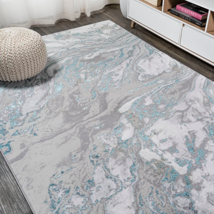 Swirl Marbled Abstract Gray/Turquoise 8 ft. x 10 ft. Area Rug