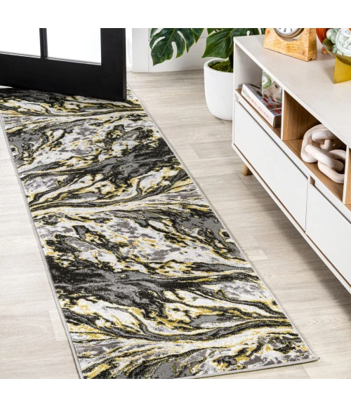 Swirl Marbled Abstract Black/Yellow 2 ft. x 8 ft. Runner Rug