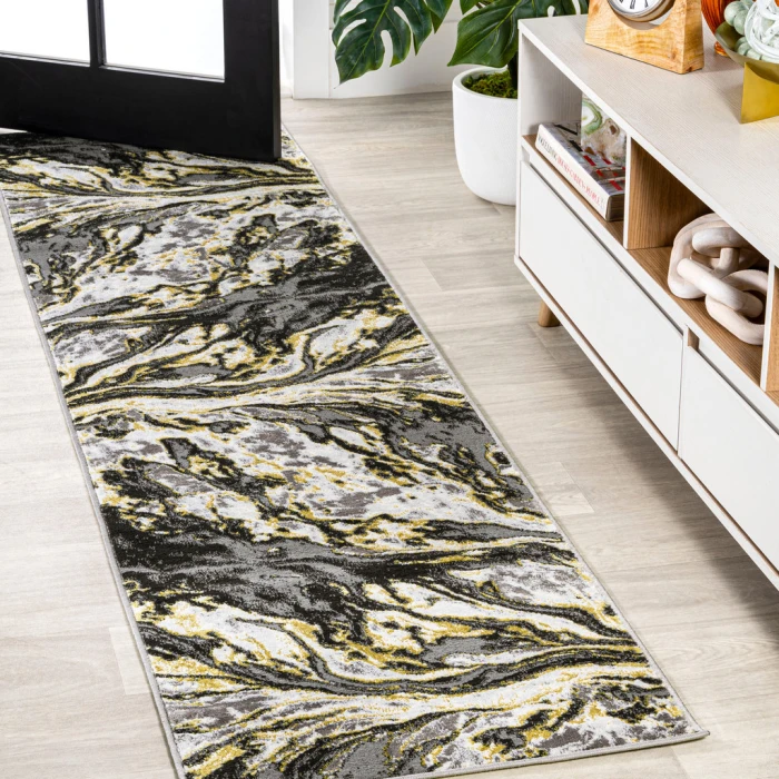 Swirl Marbled Abstract Black/Yellow 2 ft. x 8 ft. Runner Rug
