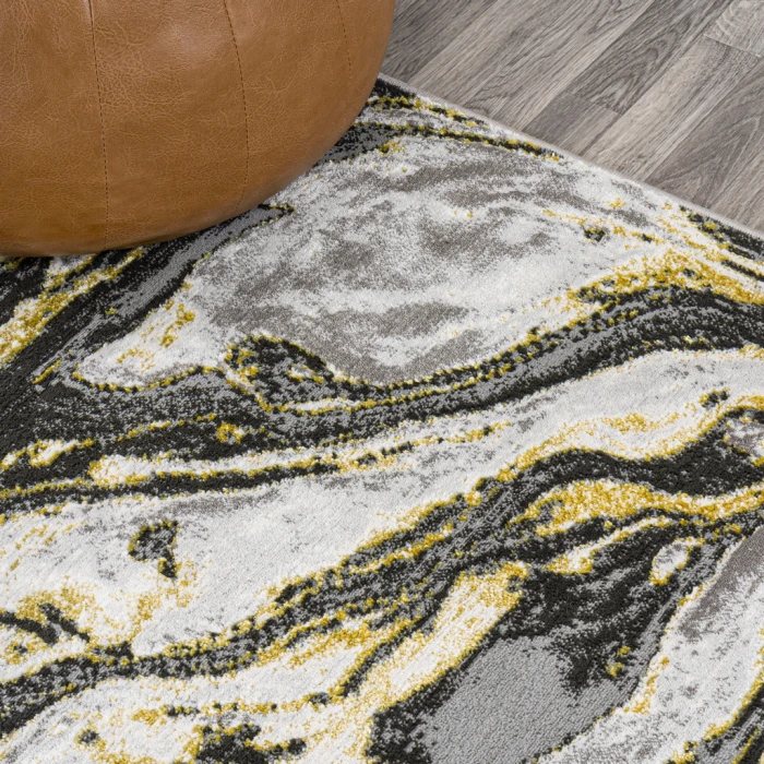 Swirl Marbled Abstract Black/Yellow 8 ft. x 10 ft. Area Rug