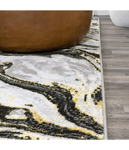Swirl Marbled Abstract Black/Yellow 8 ft. x 10 ft. Area Rug