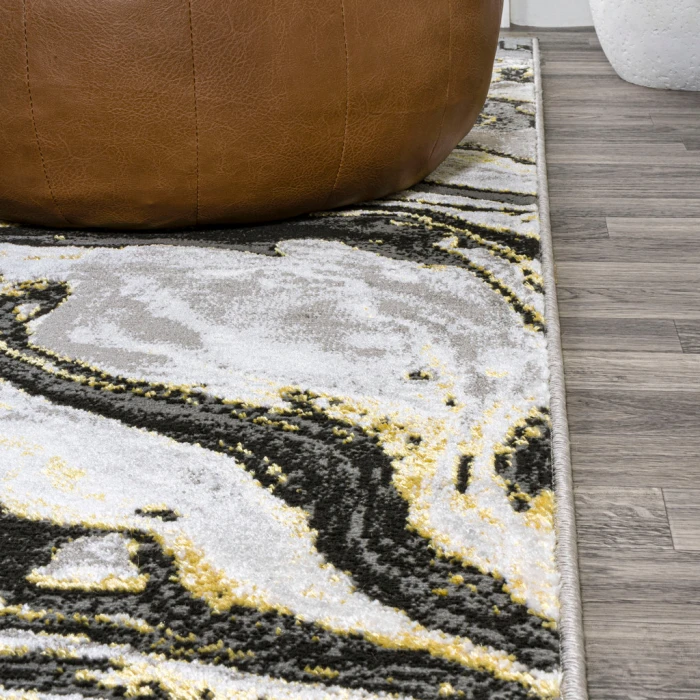 Swirl Marbled Abstract Black/Yellow 8 ft. x 10 ft. Area Rug