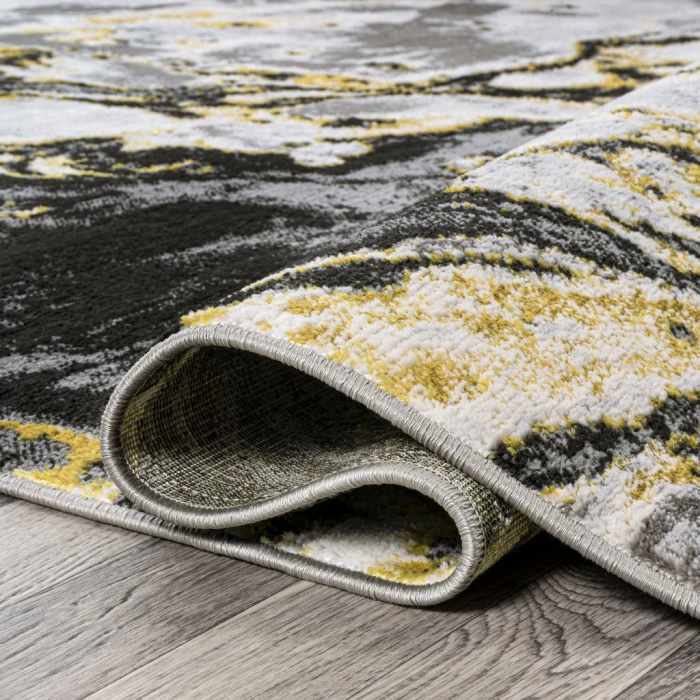Swirl Marbled Abstract Black/Yellow 2 ft. x 8 ft. Runner Rug