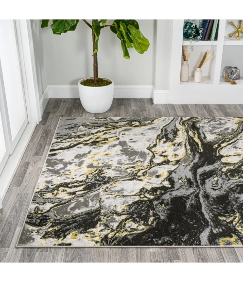 Swirl Marbled Abstract Black/Yellow 8 ft. x 10 ft. Area Rug