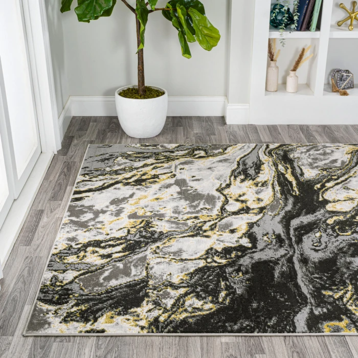 Swirl Marbled Abstract Black/Yellow 8 ft. x 10 ft. Area Rug