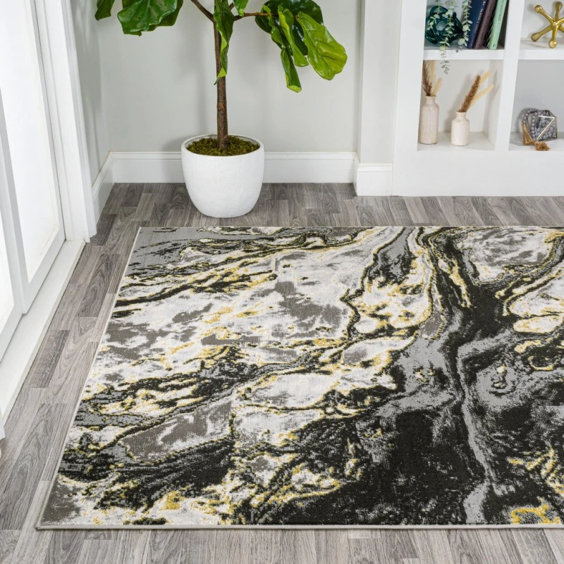 Swirl Marbled Abstract Black/Yellow 4 ft. x 6 ft. Area Rug