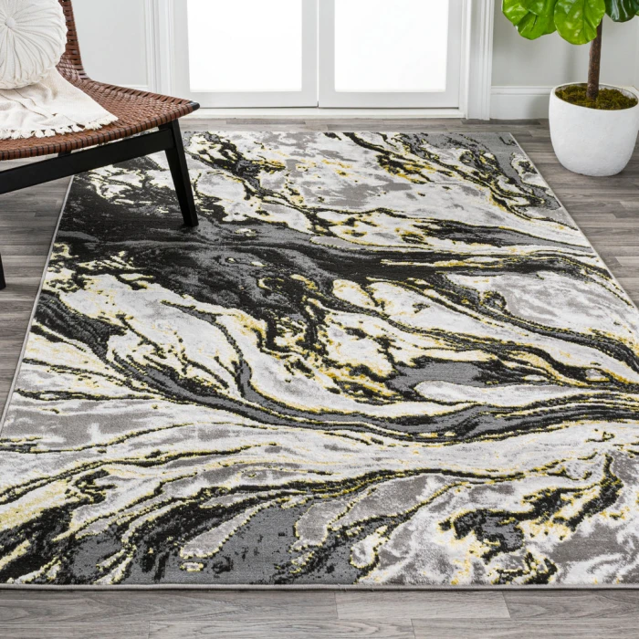 Swirl Marbled Abstract Black/Yellow 8 ft. x 10 ft. Area Rug