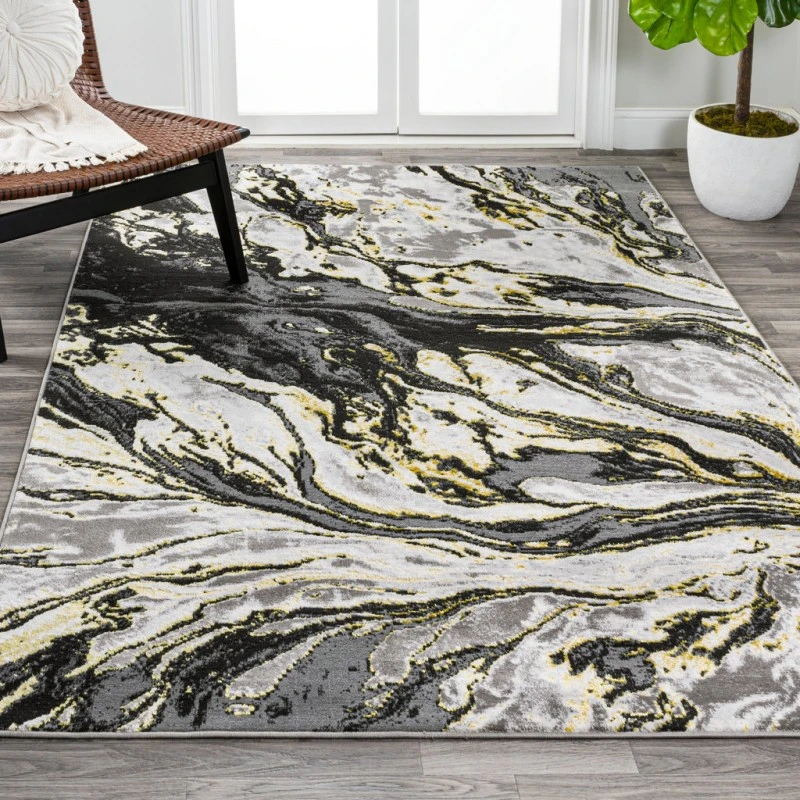 Swirl Marbled Abstract Black/Yellow 4 ft. x 6 ft. Area Rug