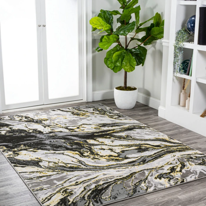 Swirl Marbled Abstract Black/Yellow 8 ft. x 10 ft. Area Rug