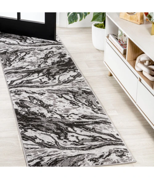 Swirl Marbled Abstract Black/Ivory 2 ft. x 8 ft. Runner Rug