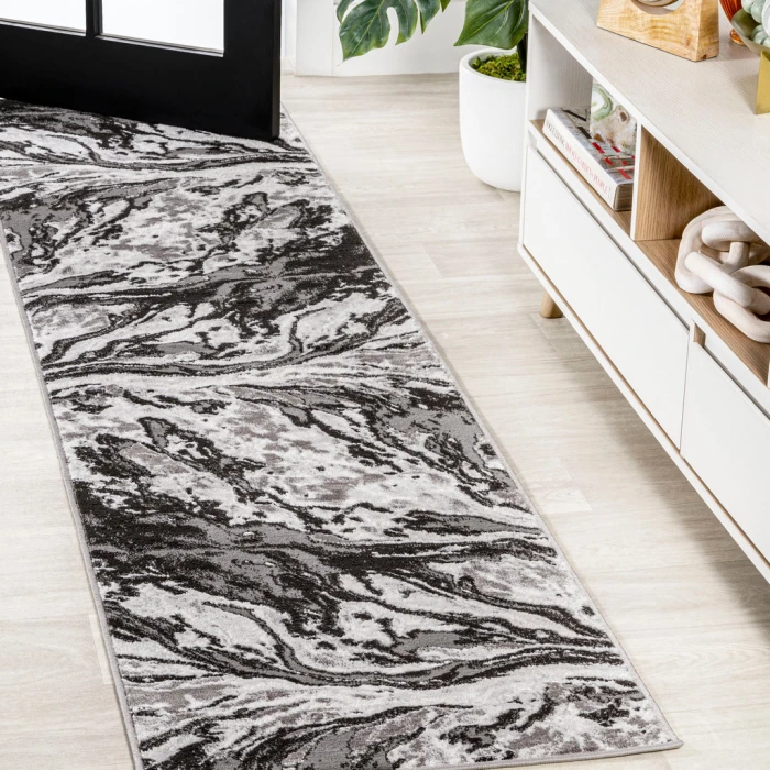 Swirl Marbled Abstract Black/Ivory 2 ft. x 10 ft. Runner Rug