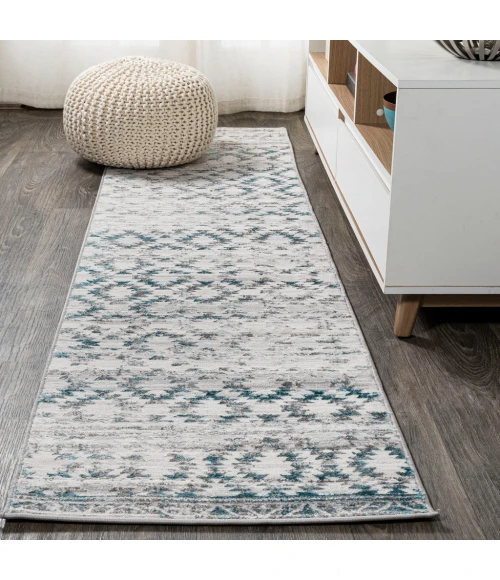 Ancient Faded Trellis Gray/Turquoise 2 ft. x 10 ft. Runner Rug