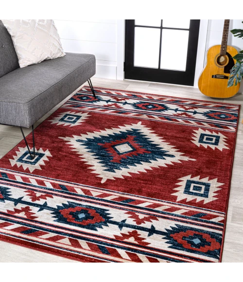 Serape Medallion Southwestern Red/Navy/Cream 5 ft. x 8 ft. Area Rug