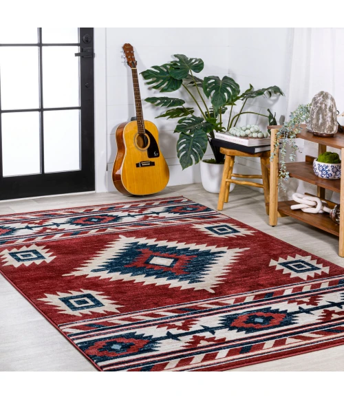 Serape Medallion Southwestern Red/Navy/Cream 5 ft. x 8 ft. Area Rug