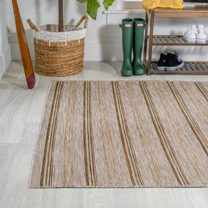 Bo Modern Farmhouse Wide Stripe Brown/Natural 9 ft. x 12 ft. Indoor/Outdoor Area Rug