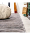 Finn Modern Farmhouse Pinstripe Dark Gray/Blue 6' Round Indoor/Outdoor Area Rug