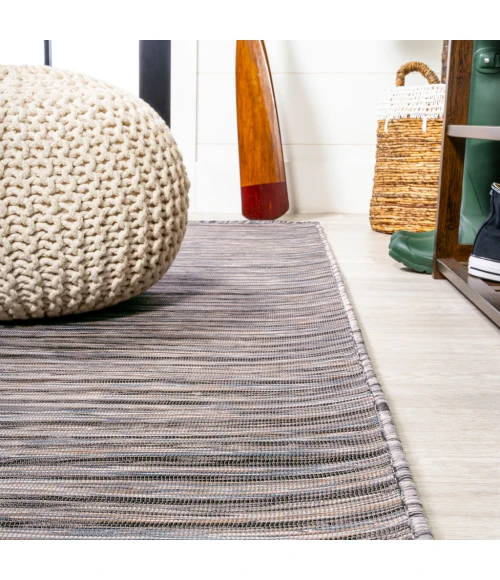 Finn Modern Farmhouse Pinstripe Dark Gray/Blue 6' Round Indoor/Outdoor Area Rug