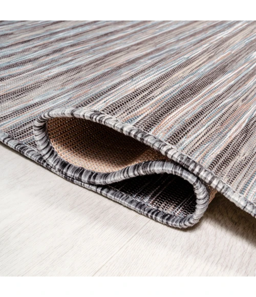 Finn Modern Farmhouse Pinstripe Dark Gray/Blue 6' Round Indoor/Outdoor Area Rug