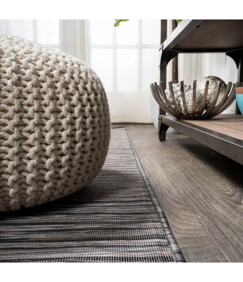 Finn Modern Farmhouse Pinstripe Dark Gray/Blue 6' Round Indoor/Outdoor Area Rug