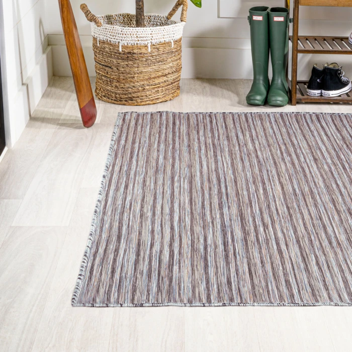 Finn Modern Farmhouse Pinstripe Dark Gray/Blue 9 ft. x 12 ft. Indoor/Outdoor Area Rug