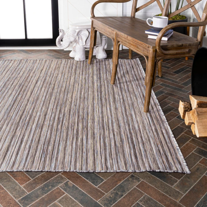 Finn Modern Farmhouse Pinstripe Dark Gray/Blue 9 ft. x 12 ft. Indoor/Outdoor Area Rug