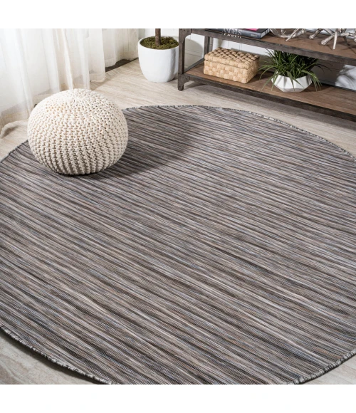 Finn Modern Farmhouse Pinstripe Dark Gray/Blue 6' Round Indoor/Outdoor Area Rug