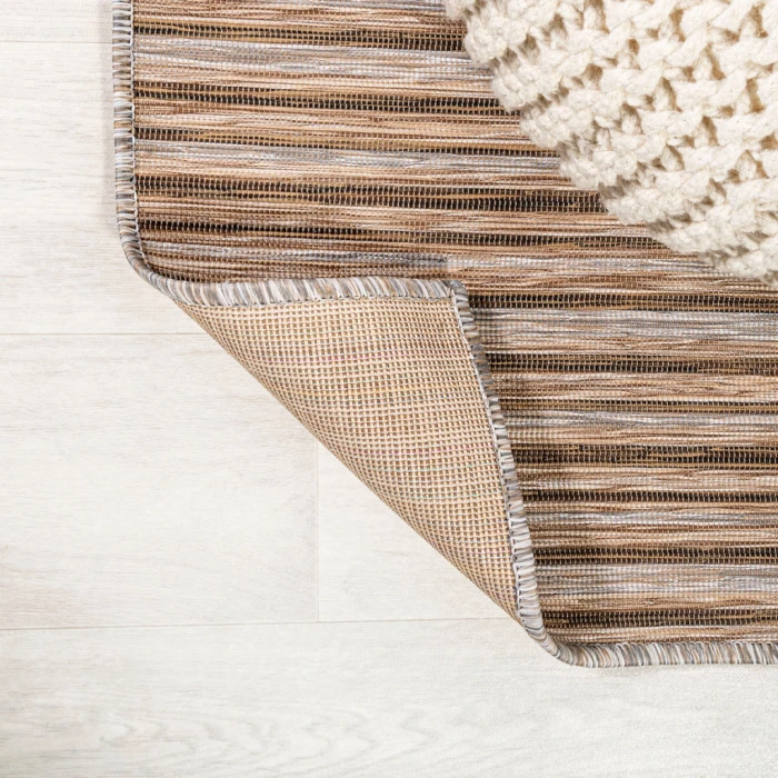 Finn Modern Farmhouse Pinstripe Brown/Natural 6' Square Indoor/Outdoor Area Rug