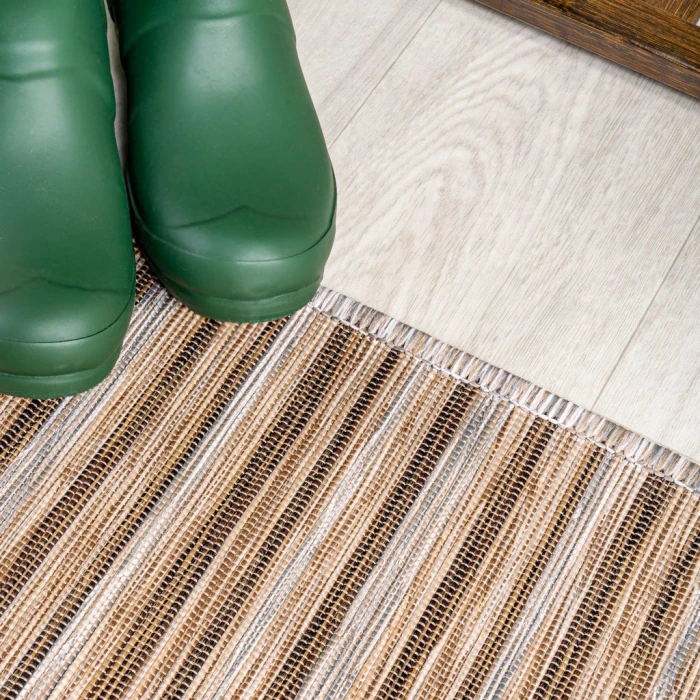 Finn Modern Farmhouse Pinstripe Brown/Natural 6' Square Indoor/Outdoor Area Rug