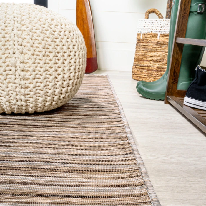Finn Modern Farmhouse Pinstripe Brown/Natural 6' Square Indoor/Outdoor Area Rug