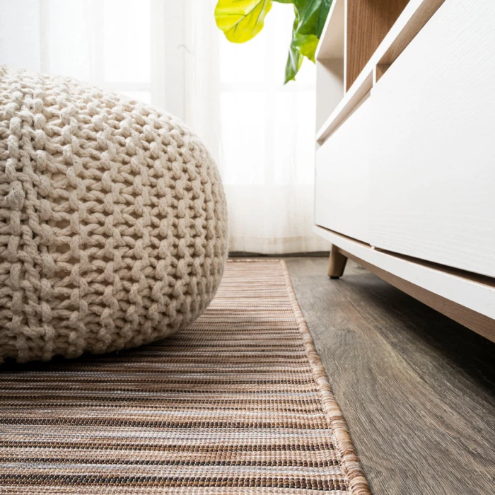 Finn Modern Farmhouse Pinstripe Brown/Natural 6' Square Indoor/Outdoor Area Rug