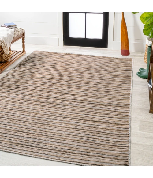 Finn Modern Farmhouse Pinstripe Brown/Natural 9 ft. x 12 ft. Indoor/Outdoor Area Rug