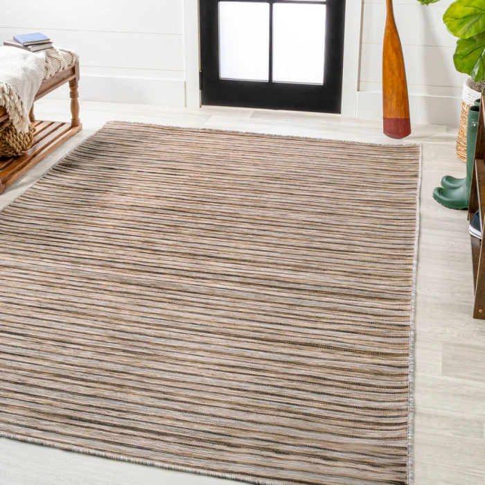 Finn Modern Farmhouse Pinstripe Brown/Natural 3 ft. x 5 ft. Indoor/Outdoor Area Rug
