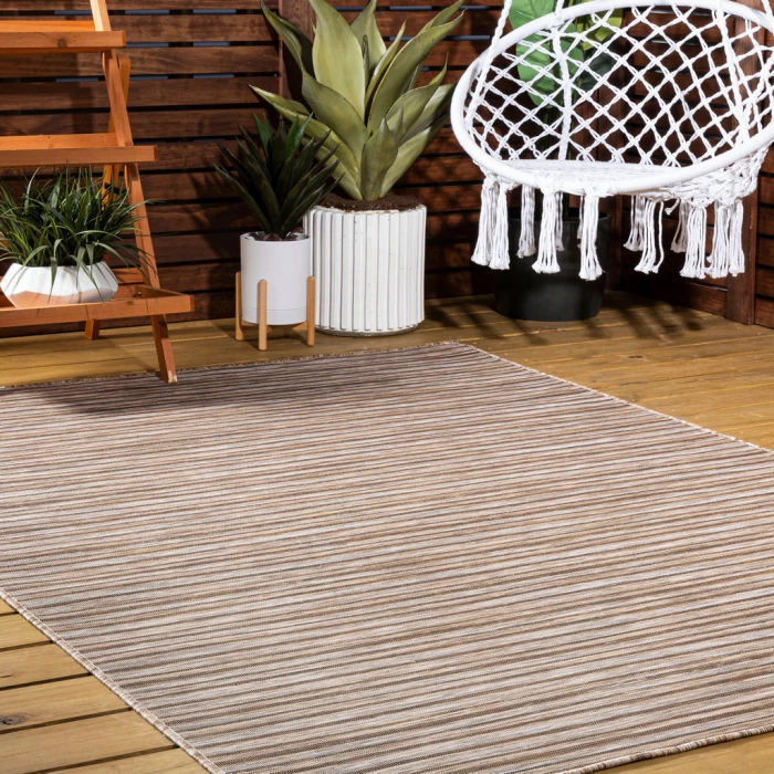 Finn Modern Farmhouse Pinstripe Brown/Natural 3 ft. x 5 ft. Indoor/Outdoor Area Rug