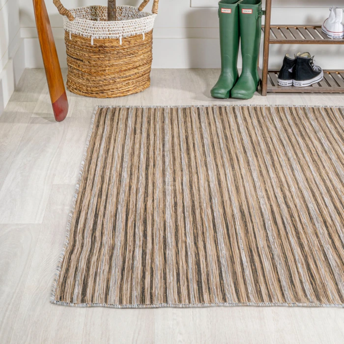 Finn Modern Farmhouse Pinstripe Brown/Natural 3 ft. x 5 ft. Indoor/Outdoor Area Rug