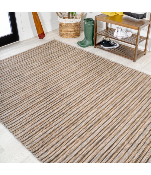 Finn Modern Farmhouse Pinstripe Brown/Natural 9 ft. x 12 ft. Indoor/Outdoor Area Rug