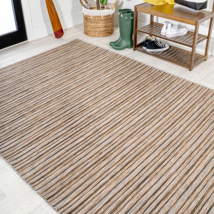 Finn Modern Farmhouse Pinstripe Brown/Natural 3 ft. x 5 ft. Indoor/Outdoor Area Rug