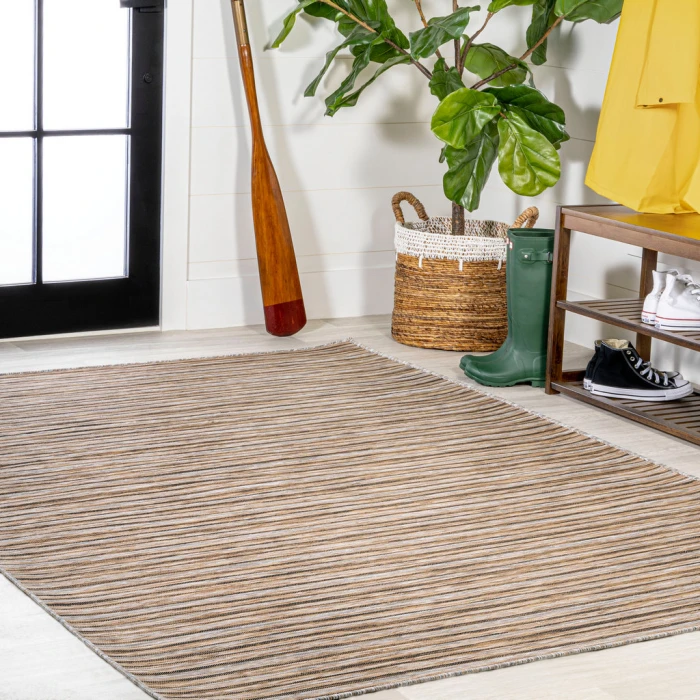 Finn Modern Farmhouse Pinstripe Brown/Natural 3 ft. x 5 ft. Indoor/Outdoor Area Rug