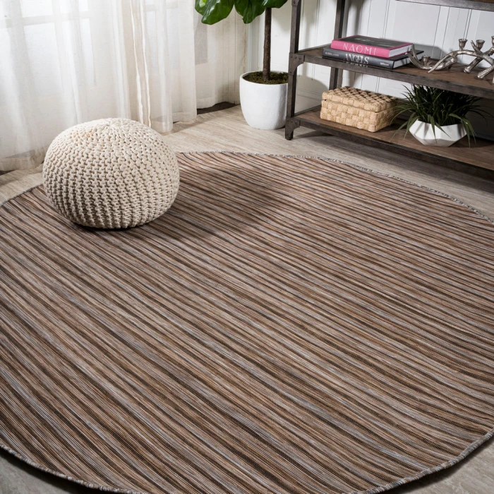 Finn Modern Farmhouse Pinstripe Brown/Natural 6' Round Indoor/Outdoor Area Rug