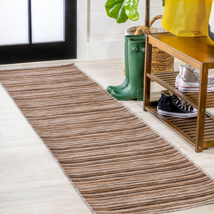 Finn Modern Farmhouse Pinstripe Natural/Brown 2 ft. x 8 ft. Indoor/Outdoor Runner Rug