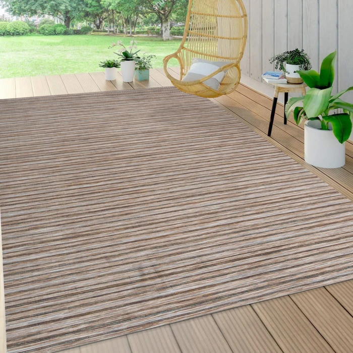 Finn Modern Farmhouse Pinstripe Natural/Brown 3 ft. x 5 ft. Indoor/Outdoor Area Rug