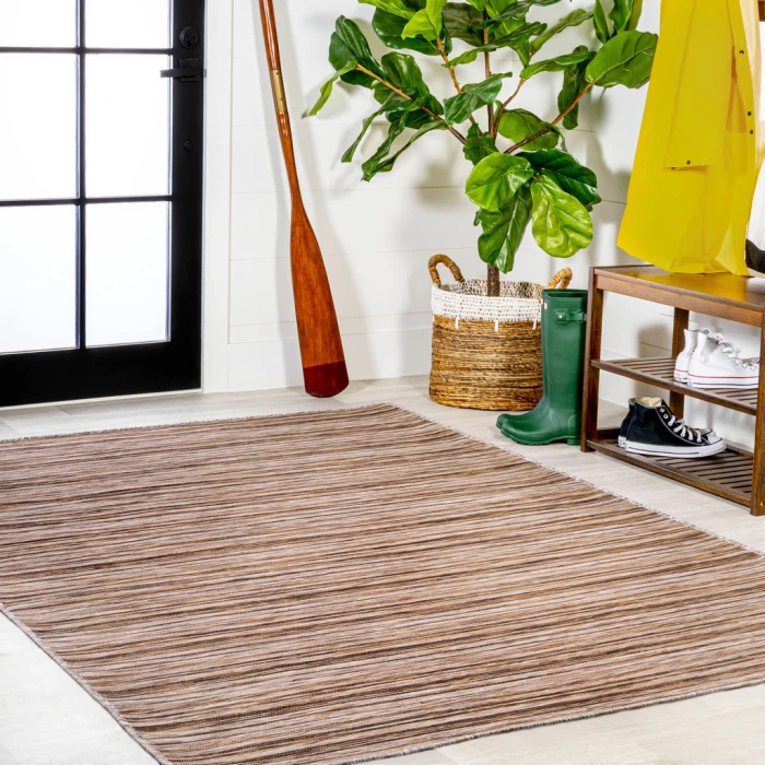 Finn Modern Farmhouse Pinstripe Natural/Brown 3 ft. x 5 ft. Indoor/Outdoor Area Rug