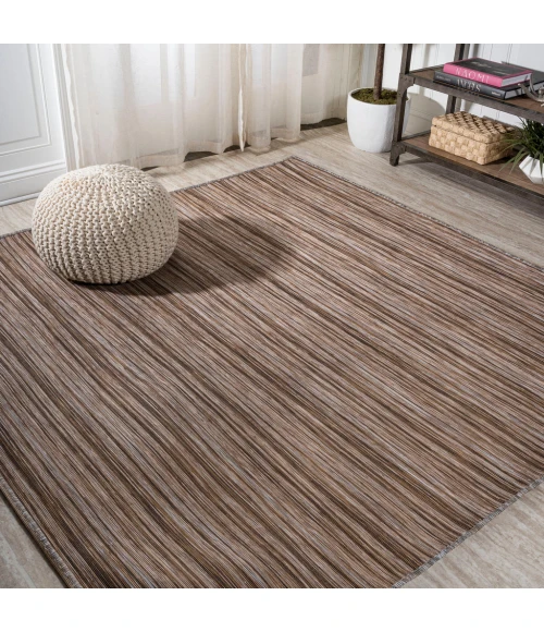 Finn Modern Farmhouse Pinstripe Natural/Brown 6' Square Indoor/Outdoor Area Rug