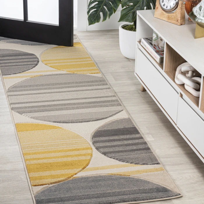 Nicky Geometric Striped Circles Gray/Yellow/Cream 2 ft. x 8 ft. Runner Rug