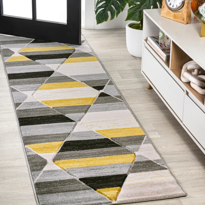 Kehoe Retro Diamonds Geometric Yellow/Gray/Cream 2 ft. x 8 ft. Runner Rug