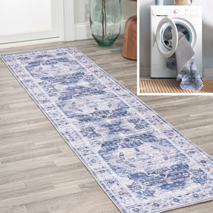Alanya Ornate Medallion Washable Navy/Cream 2 ft. x 8 ft. Runner Rug