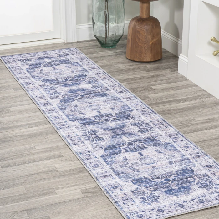 Alanya Ornate Medallion Washable Navy/Cream 2 ft. x 8 ft. Runner Rug