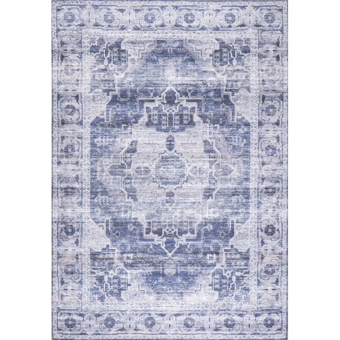 Alanya Ornate Medallion Washable Navy/Cream 4 ft. x 6 ft. Area Rug